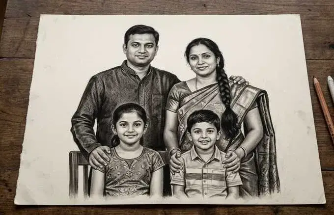 Indian family charcoal portrait by Deepak - portrait artist Patel Nagar Delhi