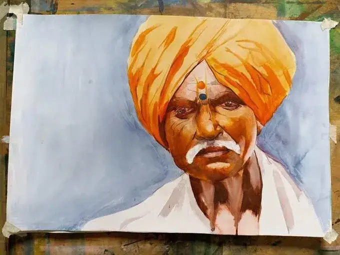 Watercolor portrait orange turban by Deepak - painting artist Delhi