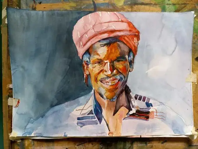 Watercolor portrait pink turban by Deepak - artist Delhi Patel Nagar