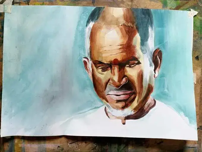 Watercolor portrait teal background by Deepak - painting artist Delhi